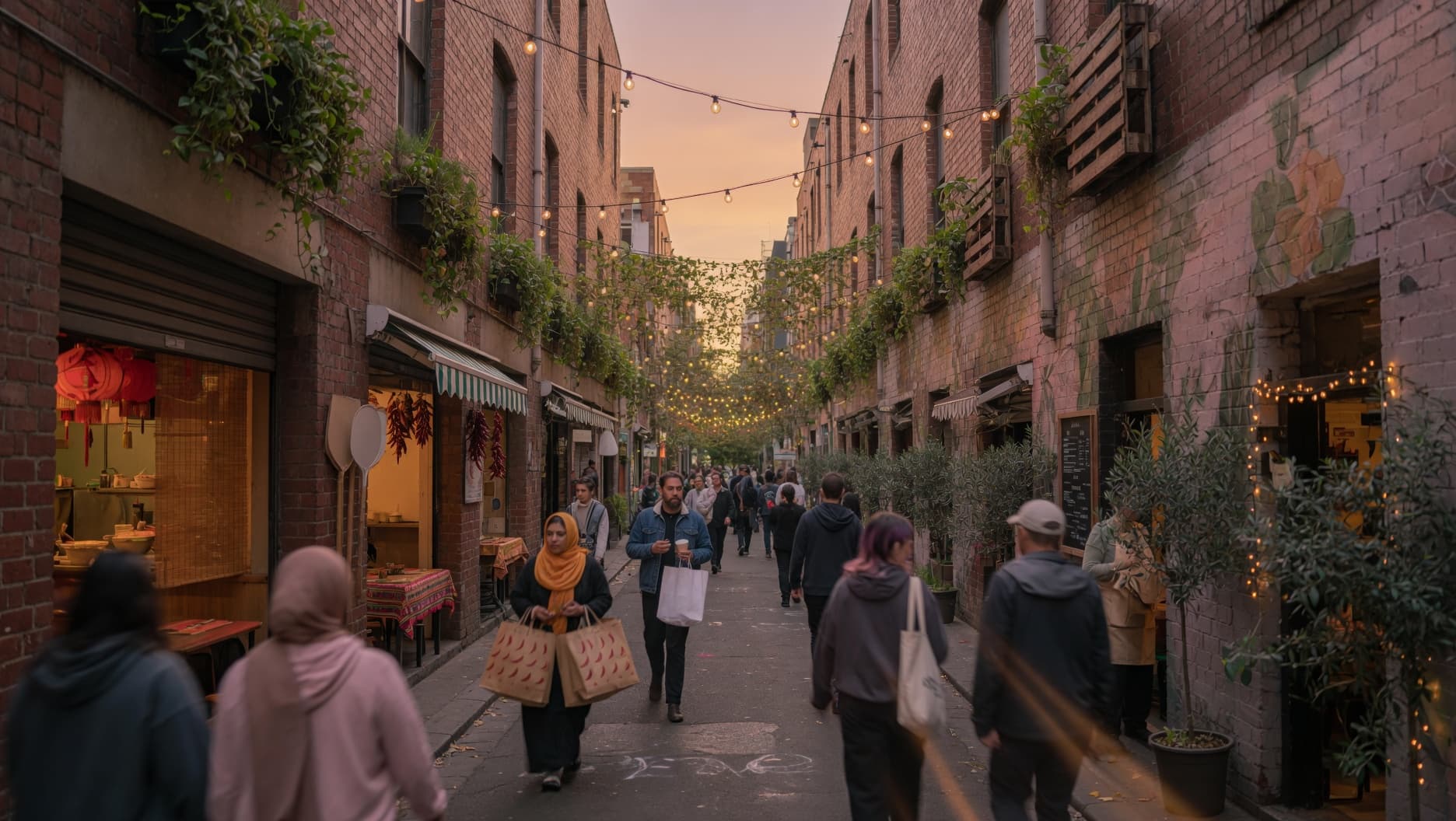 A bustling Australian city laneway lined with independent cafes and restaurants