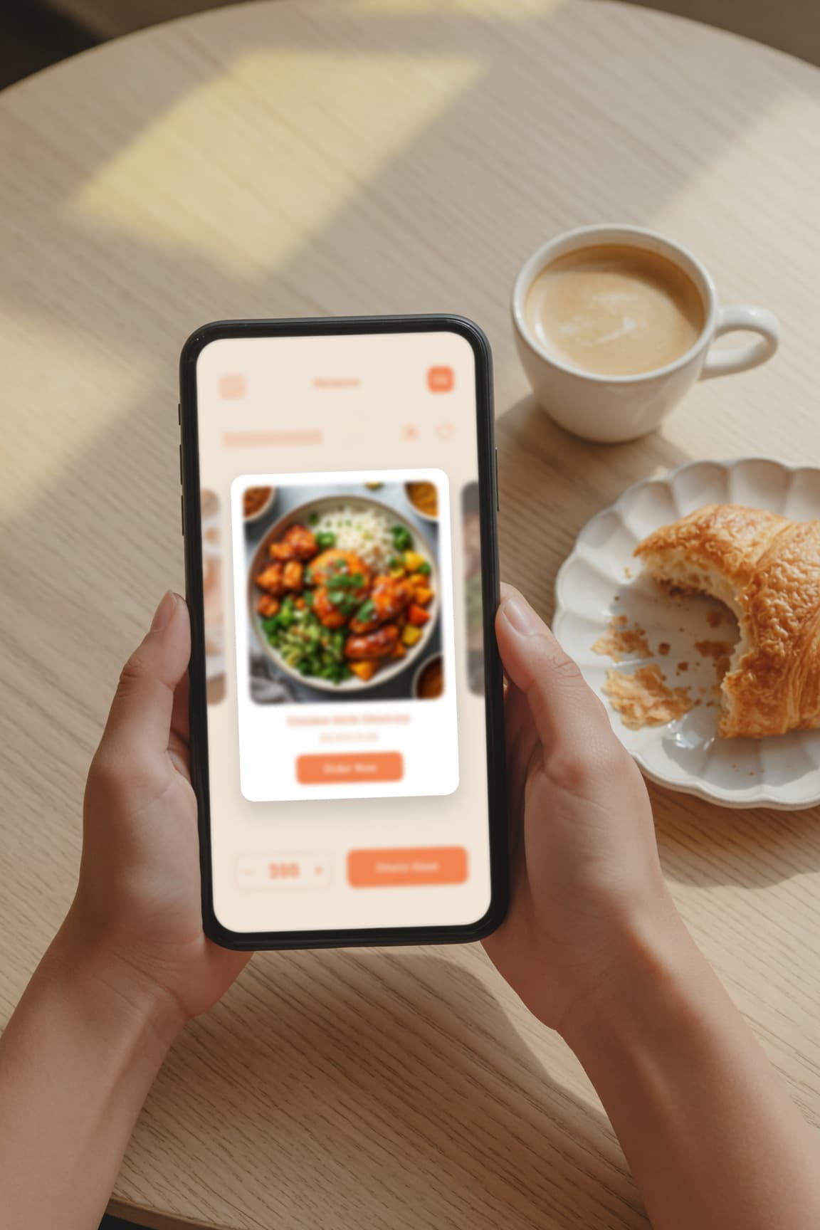 A person holding a smartphone in a cafe, browsing rescued meals on the ResQBox app