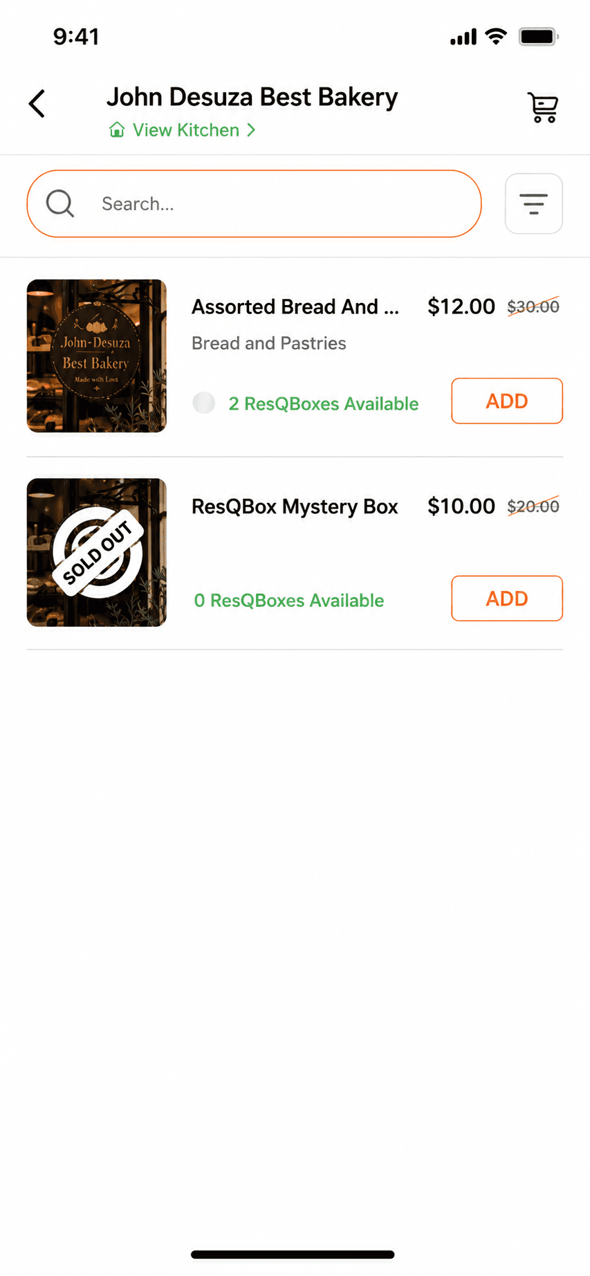 Restaurant detail screen showing menu items and Mystery Box availability