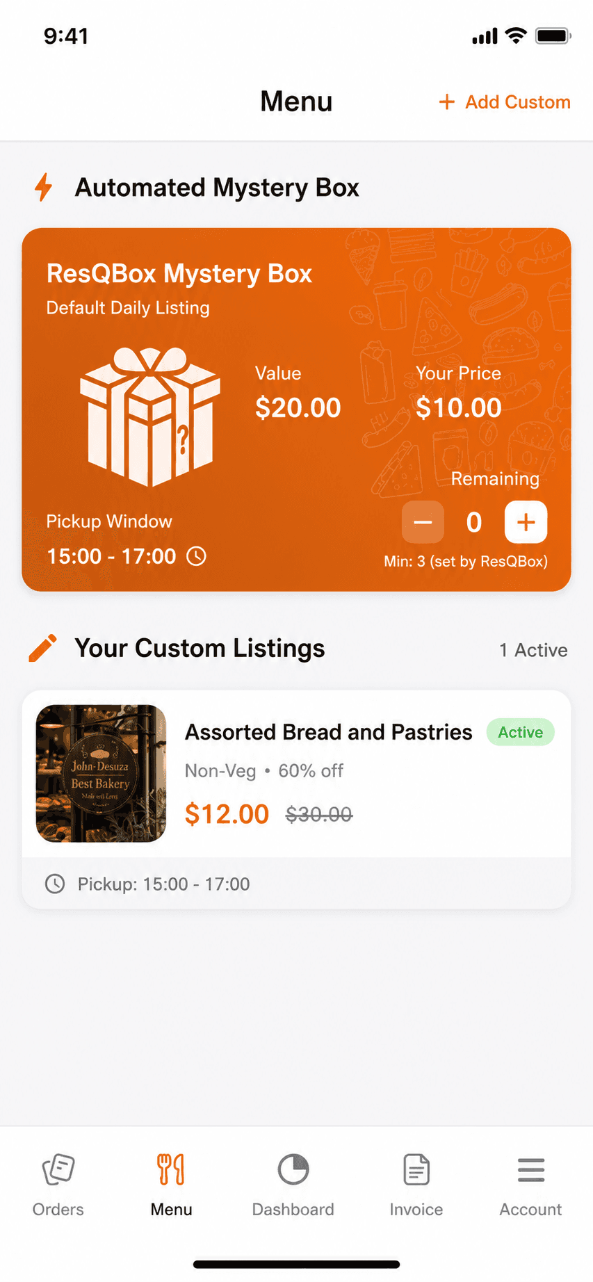 Active listings screen showing today's Mystery Box and Custom Box items